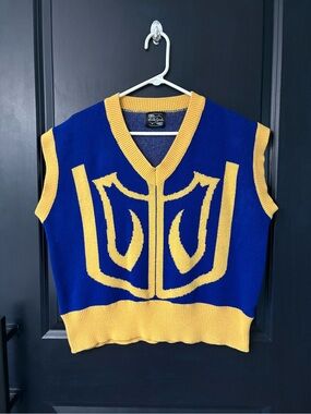 Steady Hands Unisex Blue Yellow Graphic Knit V-Neck Sweater Vest Anime